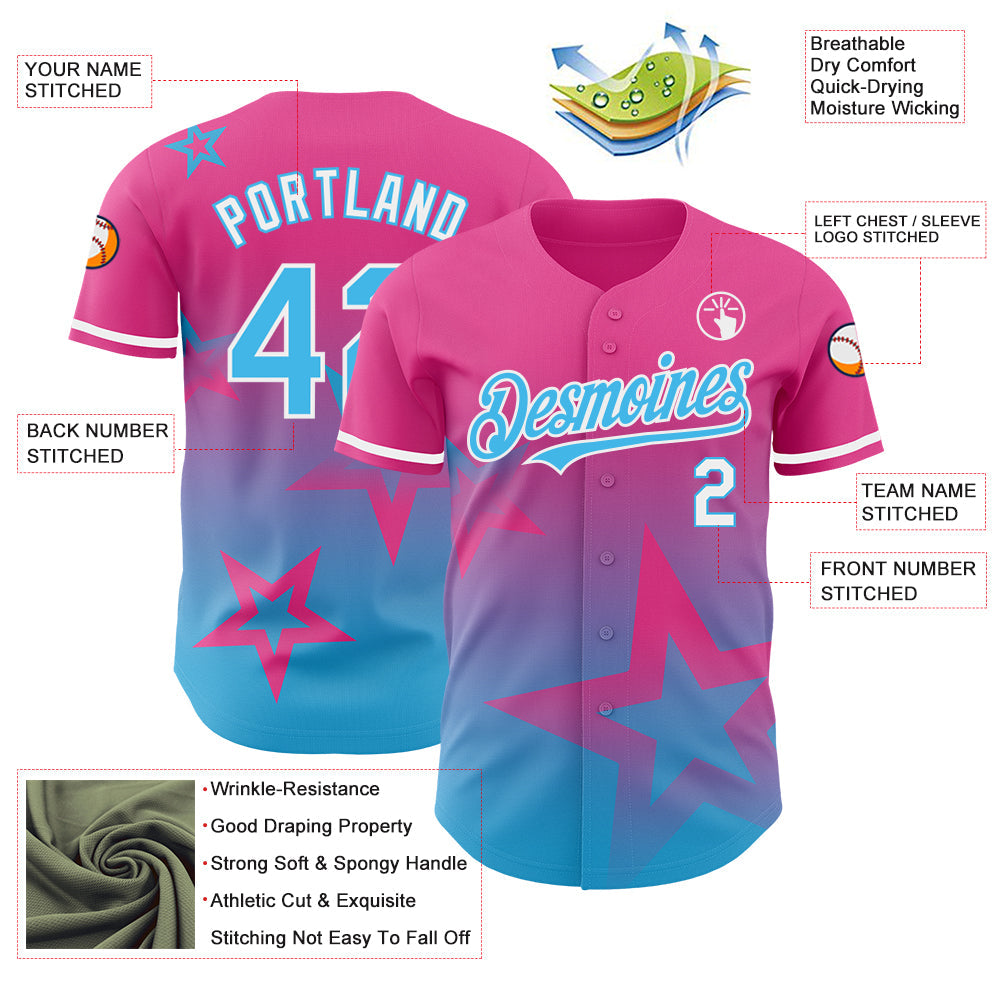 Custom Pink Sky Blue-White 3D Pattern Design Gradient Style Twinkle Star Authentic Baseball Jersey - Sky-Custom