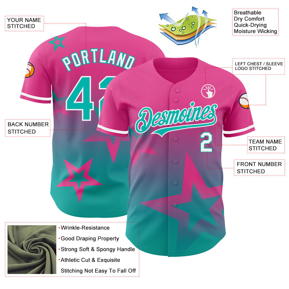 Custom Pink Aqua-White 3D Pattern Design Gradient Style Twinkle Star Authentic Baseball Jersey - Sky-Custom