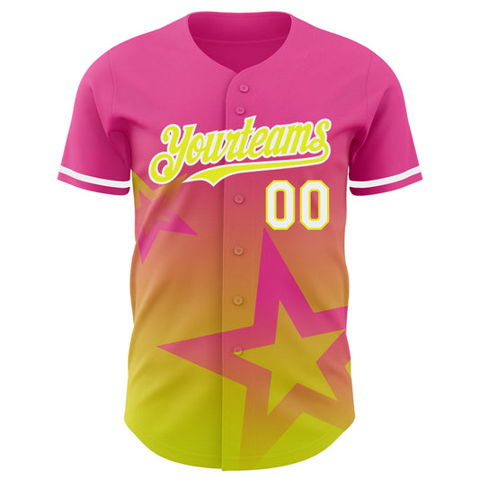 Custom Pink Neon Yellow-White 3D Pattern Design Gradient Style Twinkle Star Authentic Baseball Jersey - Sky-Custom