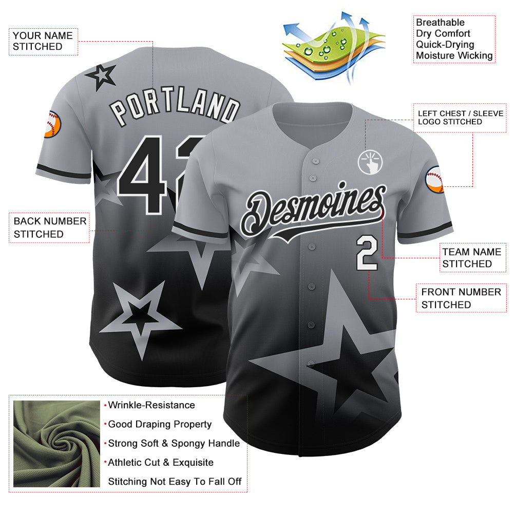 Custom Gray Black-White 3D Pattern Design Gradient Style Twinkle Star Authentic Baseball Jersey - Sky-Custom