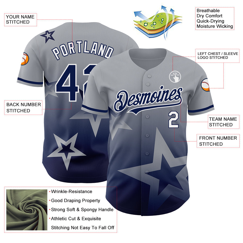 Custom Gray Navy-White 3D Pattern Design Gradient Style Twinkle Star Authentic Baseball Jersey - Sky-Custom