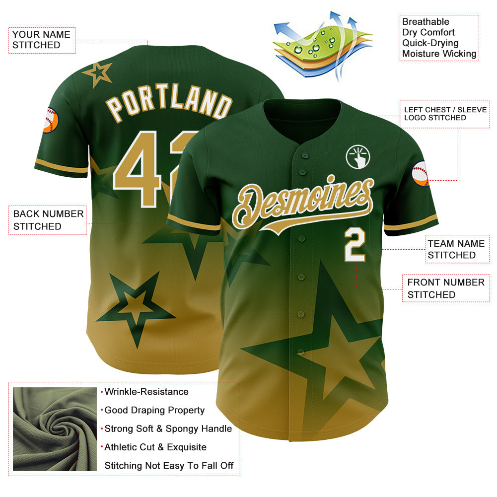Custom Green Old Gold-White 3D Pattern Design Gradient Style Twinkle Star Authentic Baseball Jersey - Sky-Custom