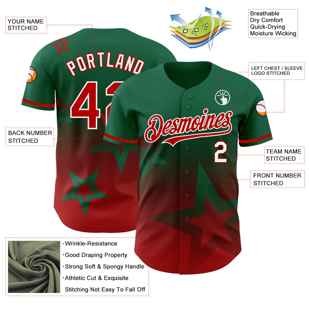 Custom Kelly Green Red-White 3D Pattern Design Gradient Style Twinkle Star Authentic Baseball Jersey - Sky-Custom