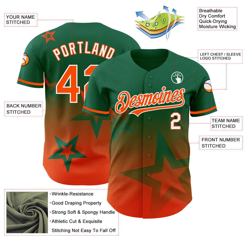 Custom Kelly Green Orange-White 3D Pattern Design Gradient Style Twinkle Star Authentic Baseball Jersey - Sky-Custom