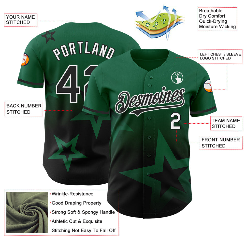 Custom Kelly Green Black-White 3D Pattern Design Gradient Style Twinkle Star Authentic Baseball Jersey - Sky-Custom