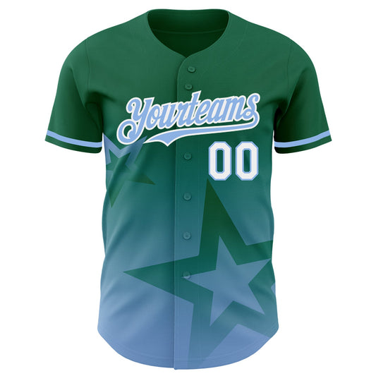 Custom Kelly Green Light Blue-White 3D Pattern Design Gradient Style Twinkle Star Authentic Baseball Jersey - Sky-Custom