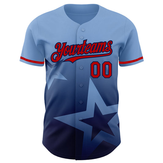 Custom Light Blue Red-Navy 3D Pattern Design Gradient Style Twinkle Star Authentic Baseball Jersey - Sky-Custom