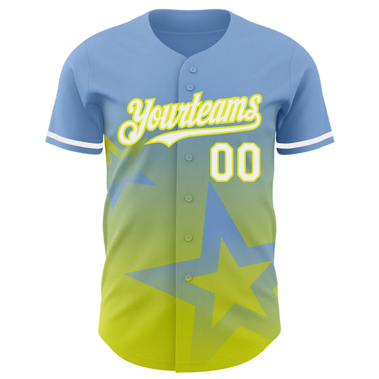 Custom Light Blue White-Neon Yellow 3D Pattern Design Gradient Style Twinkle Star Authentic Baseball Jersey - Sky-Custom