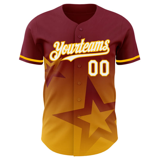 Custom Crimson White-Gold 3D Pattern Design Gradient Style Twinkle Star Authentic Baseball Jersey - Sky-Custom