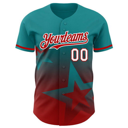 Custom Teal Red-White 3D Pattern Design Gradient Style Twinkle Star Authentic Baseball Jersey - Sky-Custom