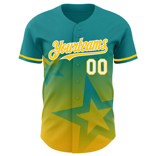 Custom Teal Yellow-White 3D Pattern Design Gradient Style Twinkle Star Authentic Baseball Jersey - Sky-Custom