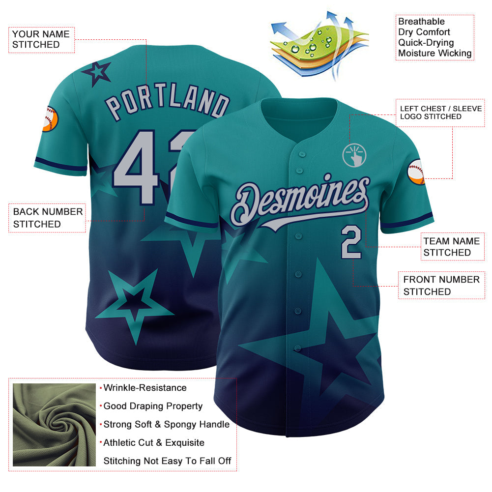 Custom Teal Gray-Navy 3D Pattern Design Gradient Style Twinkle Star Authentic Baseball Jersey - Sky-Custom