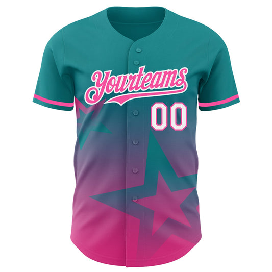 Custom Teal Pink-White 3D Pattern Design Gradient Style Twinkle Star Authentic Baseball Jersey - Sky-Custom