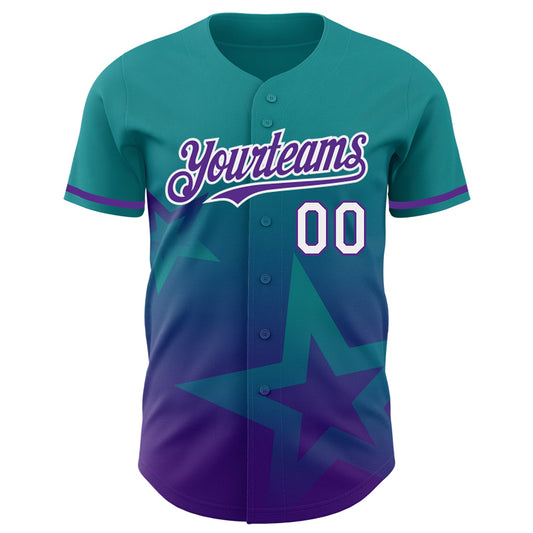 Custom Teal Purple-White 3D Pattern Design Gradient Style Twinkle Star Authentic Baseball Jersey - Sky-Custom