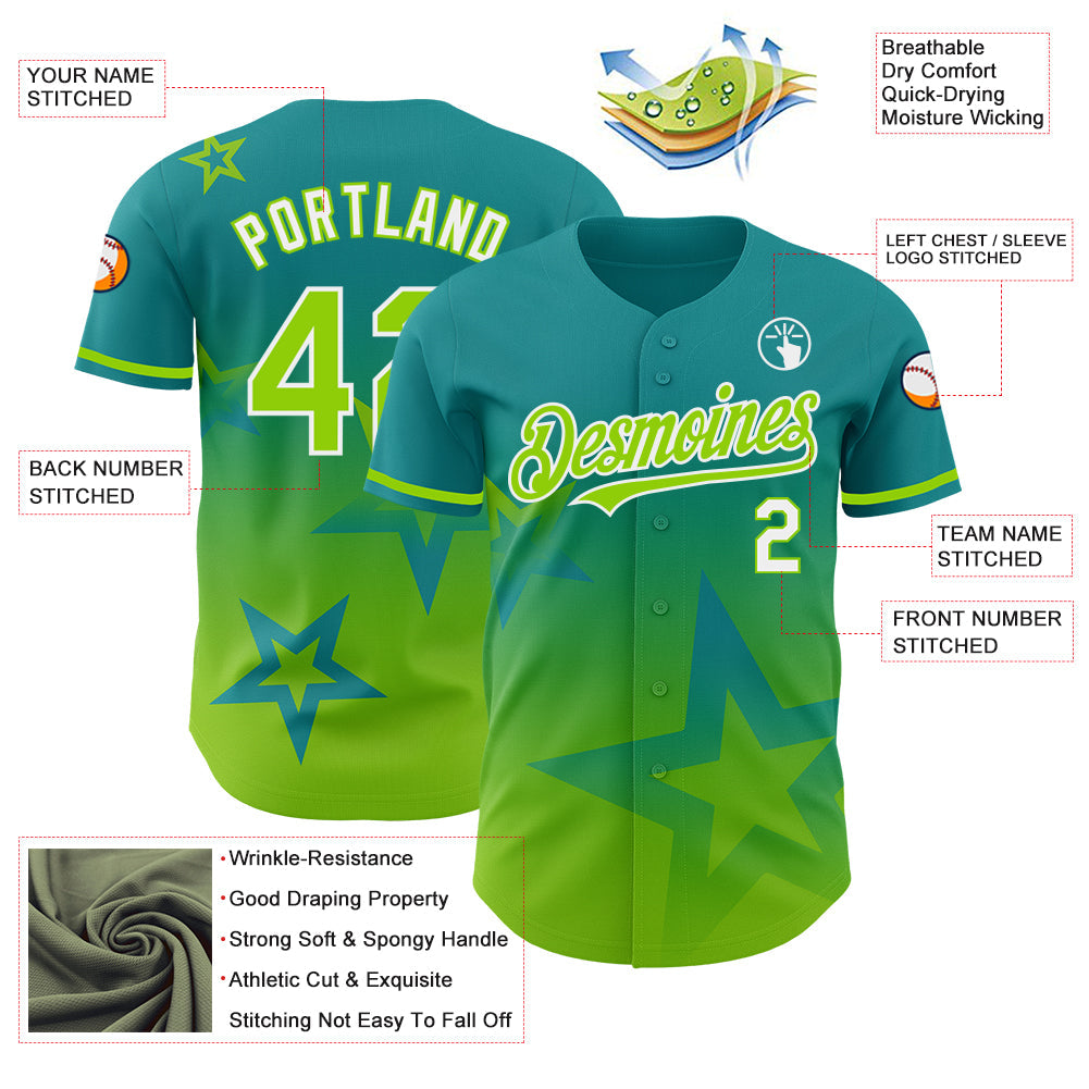 Custom Teal Neon Green-White 3D Pattern Design Gradient Style Twinkle Star Authentic Baseball Jersey - Sky-Custom