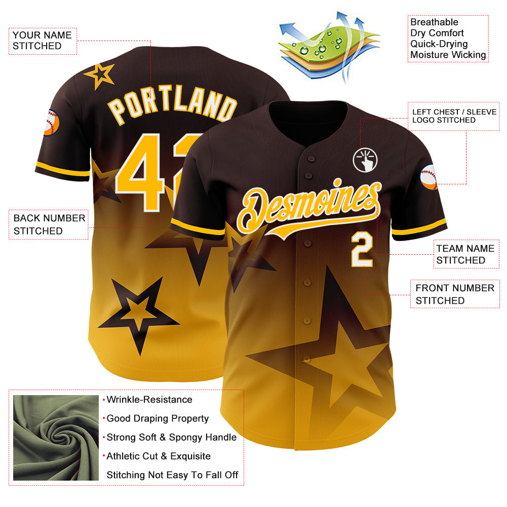 Custom Brown Gold-White 3D Pattern Design Gradient Style Twinkle Star Authentic Baseball Jersey - Sky-Custom