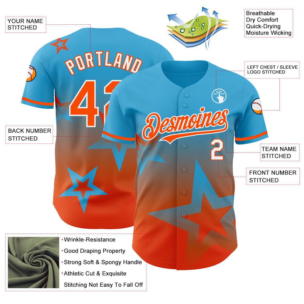 Custom Sky Blue Orange-White 3D Pattern Design Gradient Style Twinkle Star Authentic Baseball Jersey - Sky-Custom