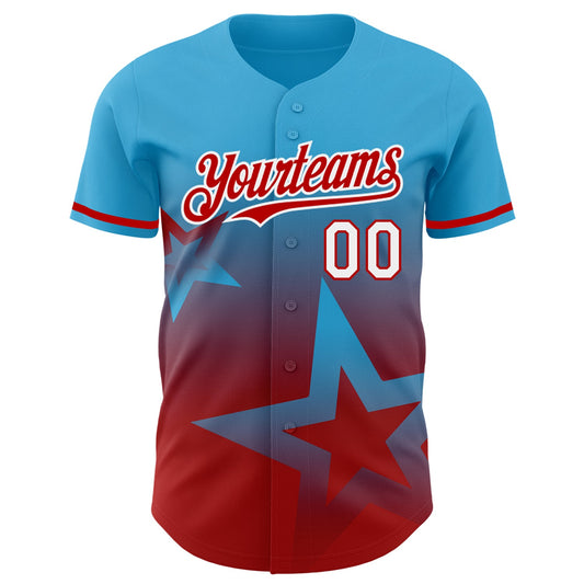 Custom Sky Blue Red-White 3D Pattern Design Gradient Style Twinkle Star Authentic Baseball Jersey - Sky-Custom