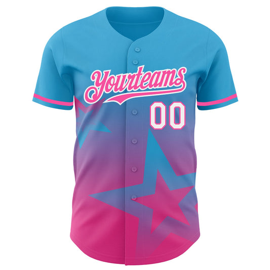 Custom Sky Blue Pink-White 3D Pattern Design Gradient Style Twinkle Star Authentic Baseball Jersey - Sky-Custom