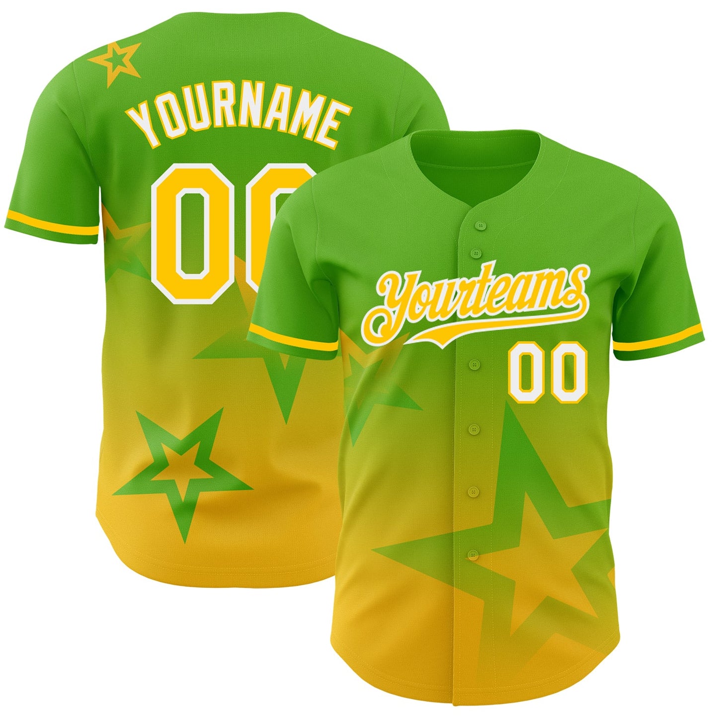 Custom Aurora Green Yellow-White 3D Pattern Design Gradient Style Twinkle Star Authentic Baseball Jersey - Sky-Custom