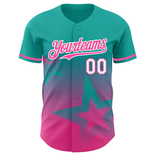 Custom Aqua Pink-White 3D Pattern Design Gradient Style Twinkle Star Authentic Baseball Jersey - Sky-Custom