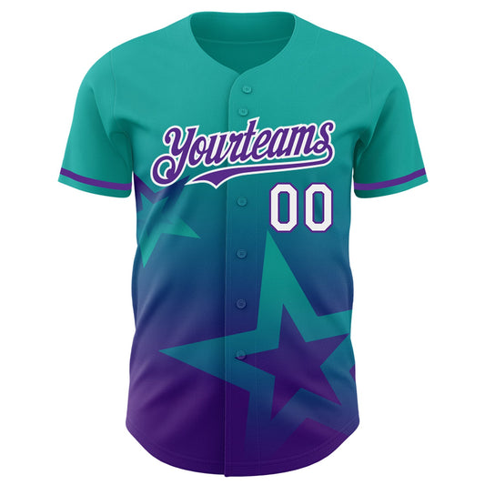 Custom Aqua Purple-White 3D Pattern Design Gradient Style Twinkle Star Authentic Baseball Jersey - Sky-Custom