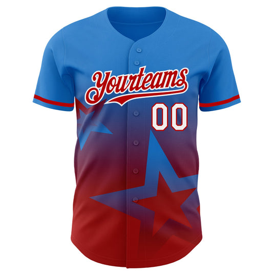 Custom Electric Blue Red-White 3D Pattern Design Gradient Style Twinkle Star Authentic Baseball Jersey - Sky-Custom