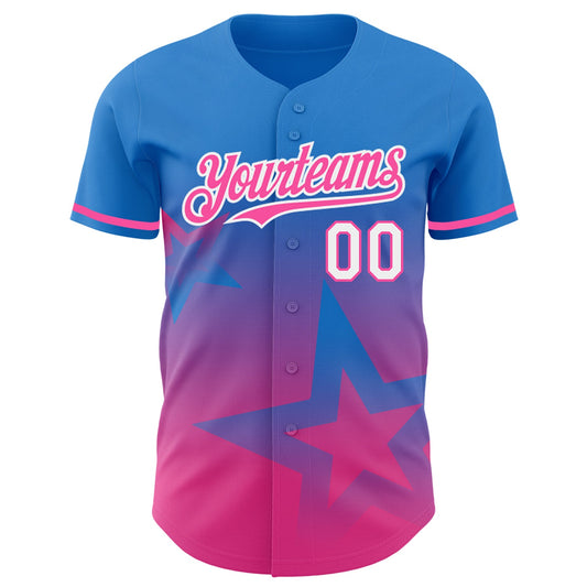 Custom Electric Blue Pink-White 3D Pattern Design Gradient Style Twinkle Star Authentic Baseball Jersey - Sky-Custom