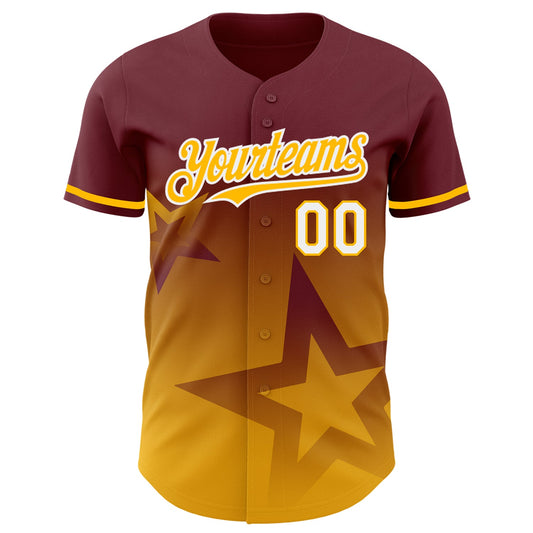 Custom Burgundy Gold-White 3D Pattern Design Gradient Style Twinkle Star Authentic Baseball Jersey - Sky-Custom