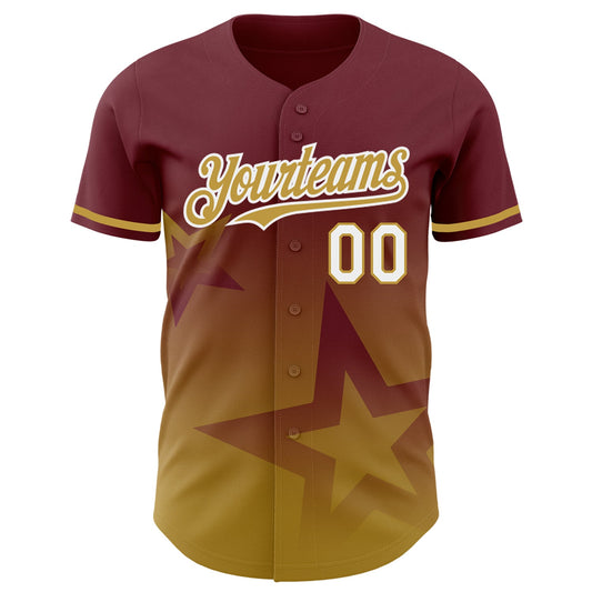 Custom Burgundy Old Gold-White 3D Pattern Design Gradient Style Twinkle Star Authentic Baseball Jersey - Sky-Custom