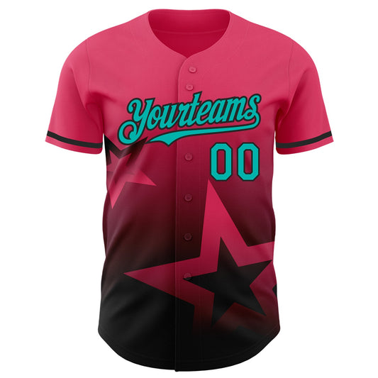 Custom Neon Pink Aqua-Black 3D Pattern Design Gradient Style Twinkle Star Authentic Baseball Jersey - Sky-Custom