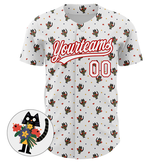 Custom White Red 3D Pattern Design Animal Cat Authentic Baseball Jersey - Sky-Custom