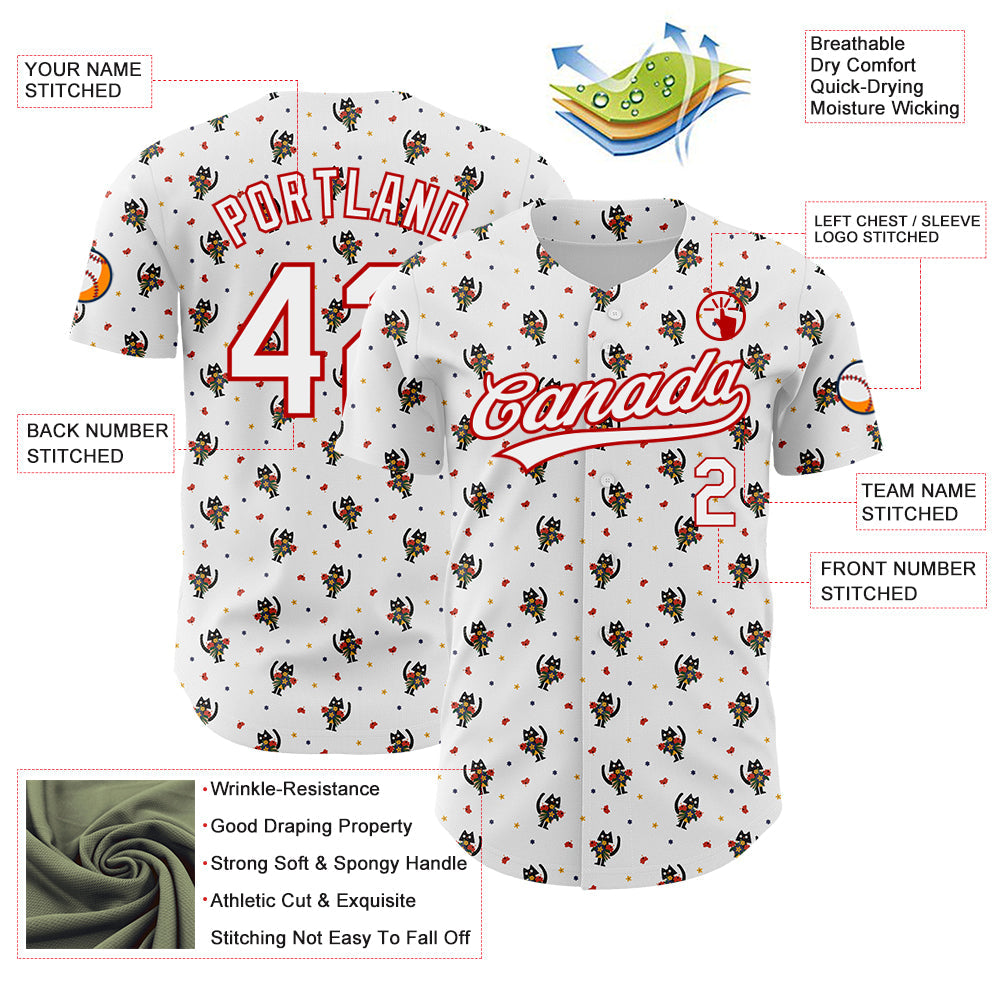 Custom White Red 3D Pattern Design Animal Cat Authentic Baseball Jersey - Sky-Custom