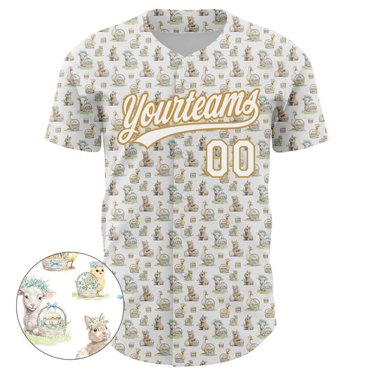 Custom White Old Gold 3D Pattern Design Animal Rabbit Sheep Chicken And Duck Authentic Baseball Jersey - Sky-Custom
