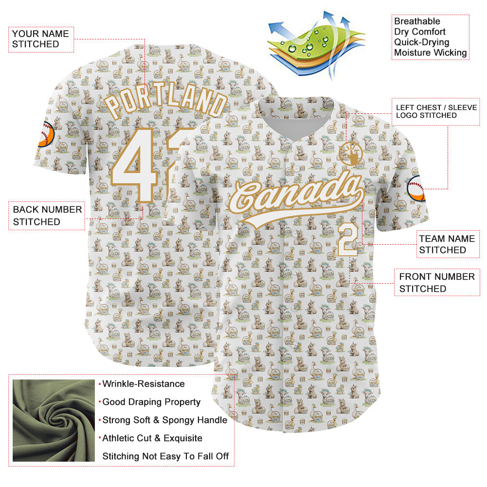 Custom White Old Gold 3D Pattern Design Animal Rabbit Sheep Chicken And Duck Authentic Baseball Jersey - Sky-Custom