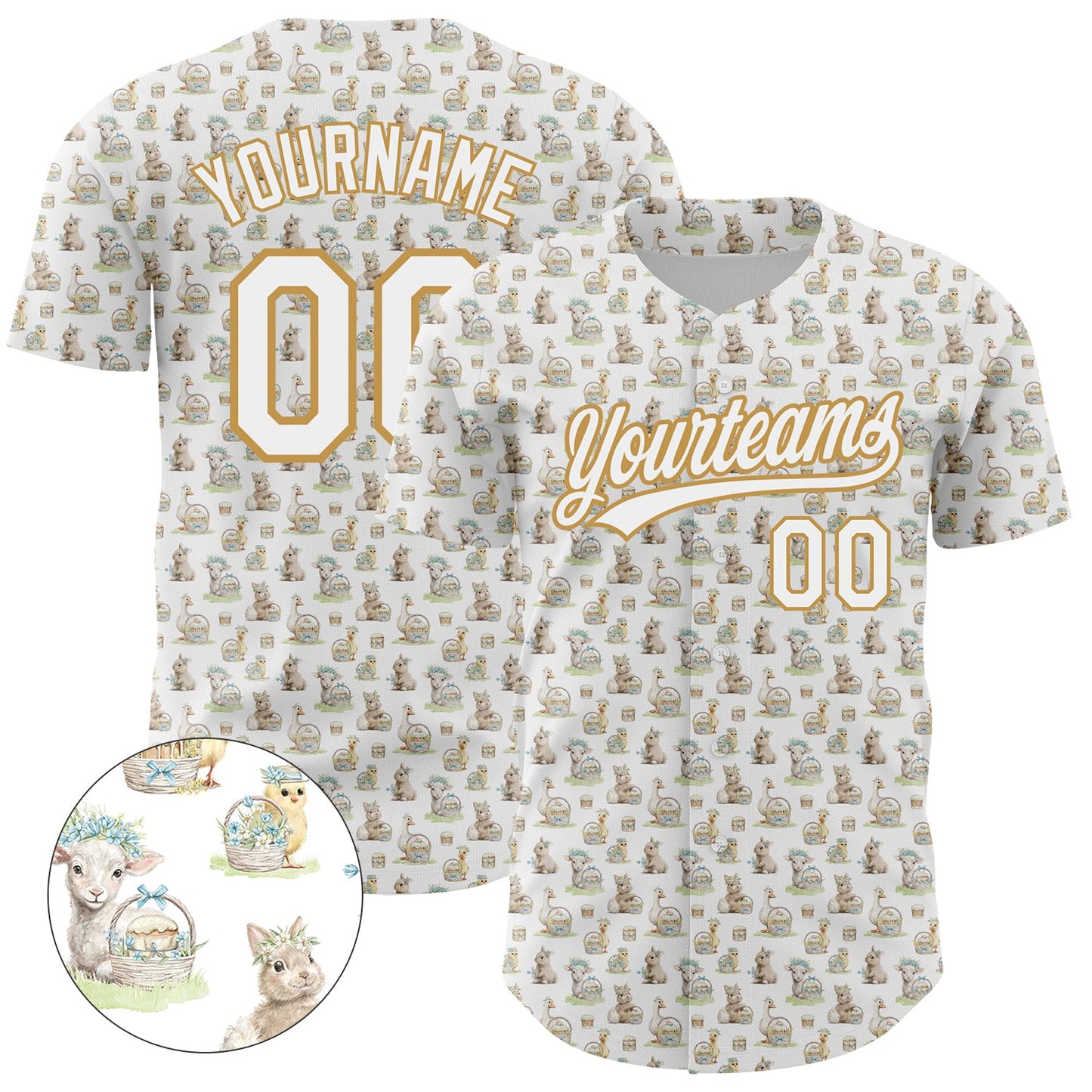 Custom White Old Gold 3D Pattern Design Animal Rabbit Sheep Chicken And Duck Authentic Baseball Jersey - Sky-Custom