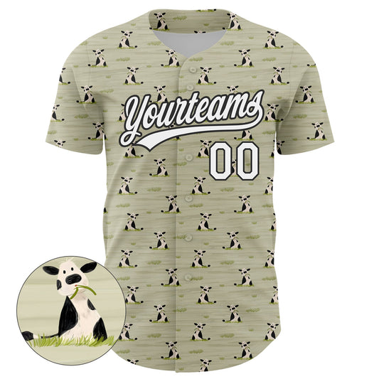 Custom Green White-Black 3D Pattern Design Animal Cow Authentic Baseball Jersey - Sky-Custom