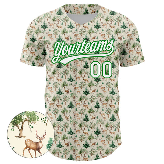 Custom Cream White-Grass Green 3D Pattern Design Animal Deer Authentic Baseball Jersey - Sky-Custom