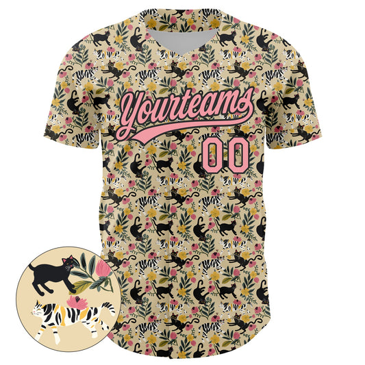 Custom Cream Medium Pink-Black 3D Pattern Design Animal Cat Authentic Baseball Jersey - Sky-Custom