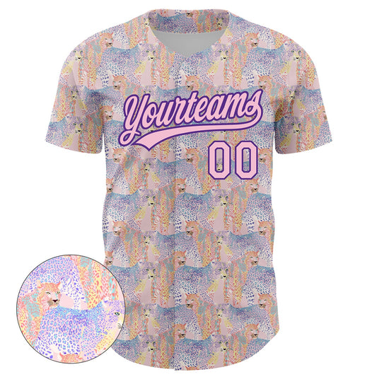 Custom Light Pink Purple 3D Pattern Design Animal Leopard Authentic Baseball Jersey - Sky-Custom