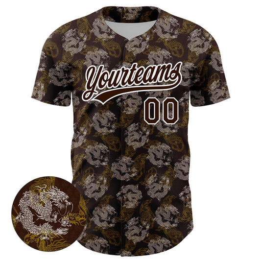 Custom Brown White 3D Pattern Design Animal Loongfeng Authentic Baseball Jersey - Sky-Custom