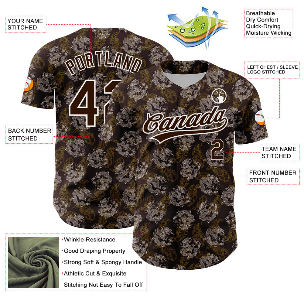 Custom Brown White 3D Pattern Design Animal Loongfeng Authentic Baseball Jersey - Sky-Custom