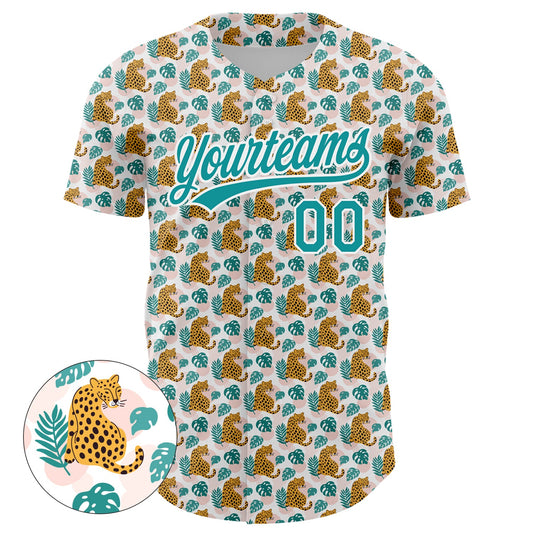 Custom White Teal 3D Pattern Design Animal Leopard Authentic Baseball Jersey - Sky-Custom