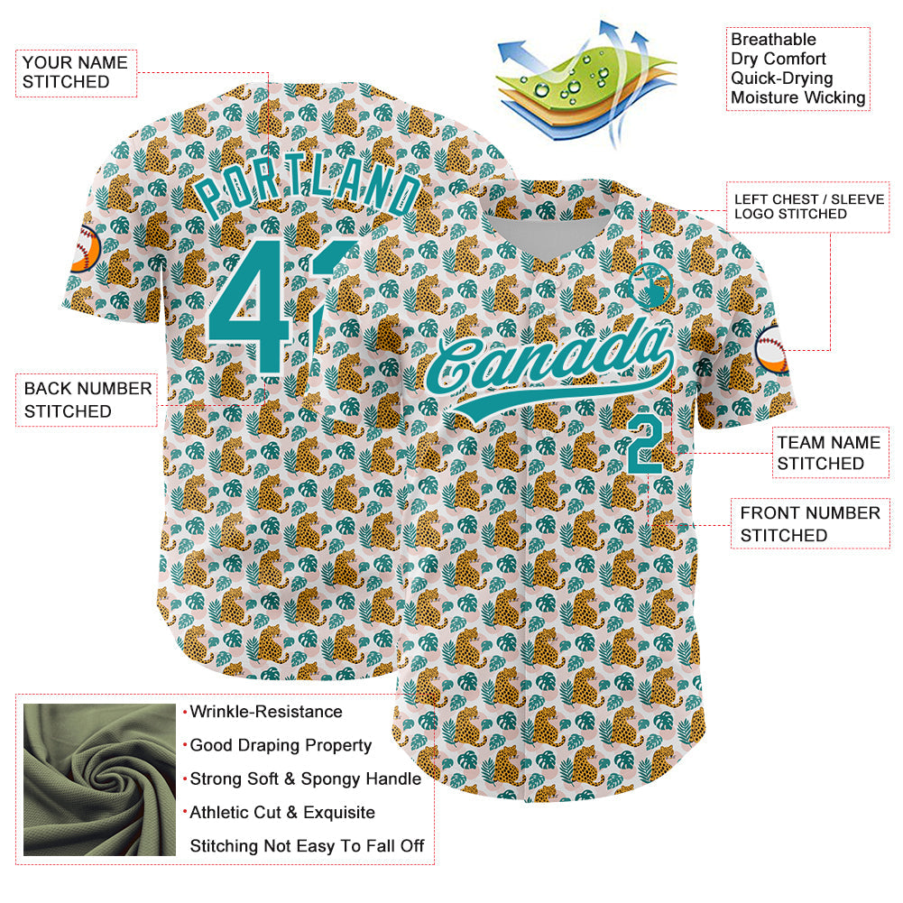 Custom White Teal 3D Pattern Design Animal Leopard Authentic Baseball Jersey - Sky-Custom