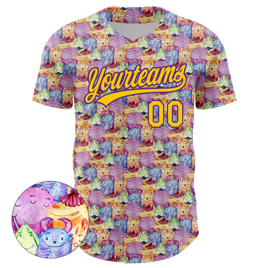 Custom Pink Yellow-Purple 3D Pattern Design Animal Funny Monster Authentic Baseball Jersey - Sky-Custom