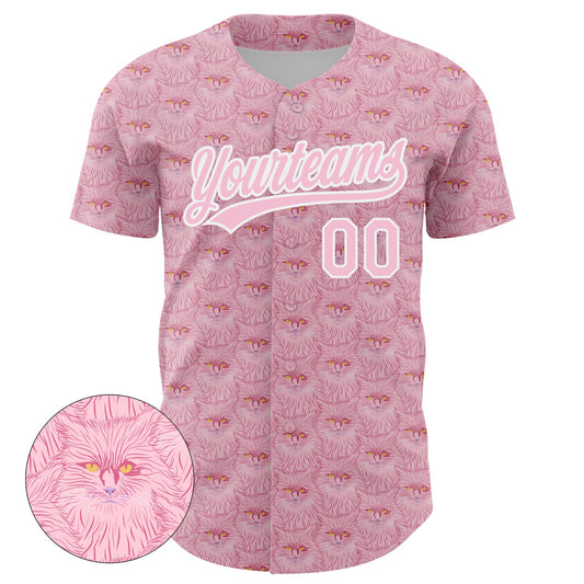 Custom Light Pink White 3D Pattern Design Animal Cat Authentic Baseball Jersey - Sky-Custom