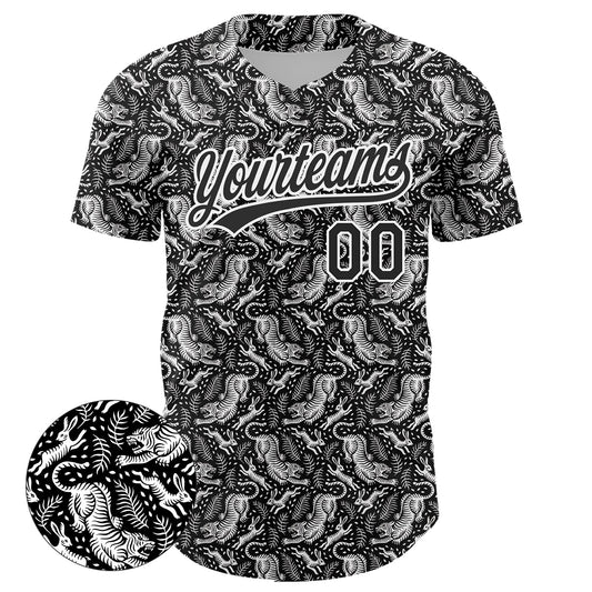 Custom Black White 3D Pattern Design Animal Tiger And Rabbit Authentic Baseball Jersey - Sky-Custom