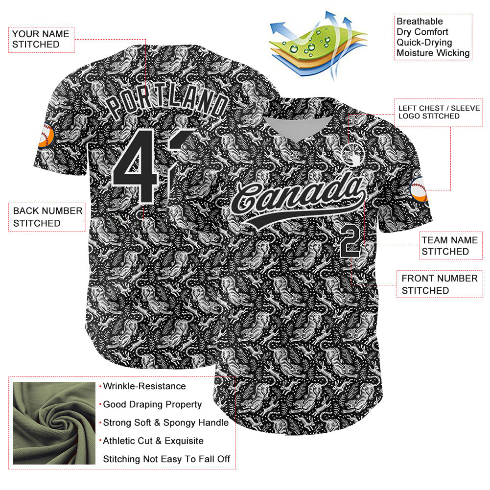 Custom Black White 3D Pattern Design Animal Tiger And Rabbit Authentic Baseball Jersey - Sky-Custom