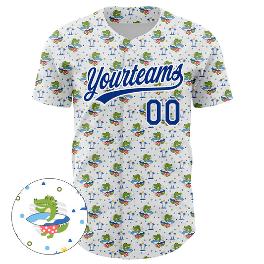 Custom White Royal 3D Pattern Design Animal Crocodile Surfing Authentic Baseball Jersey - Sky-Custom