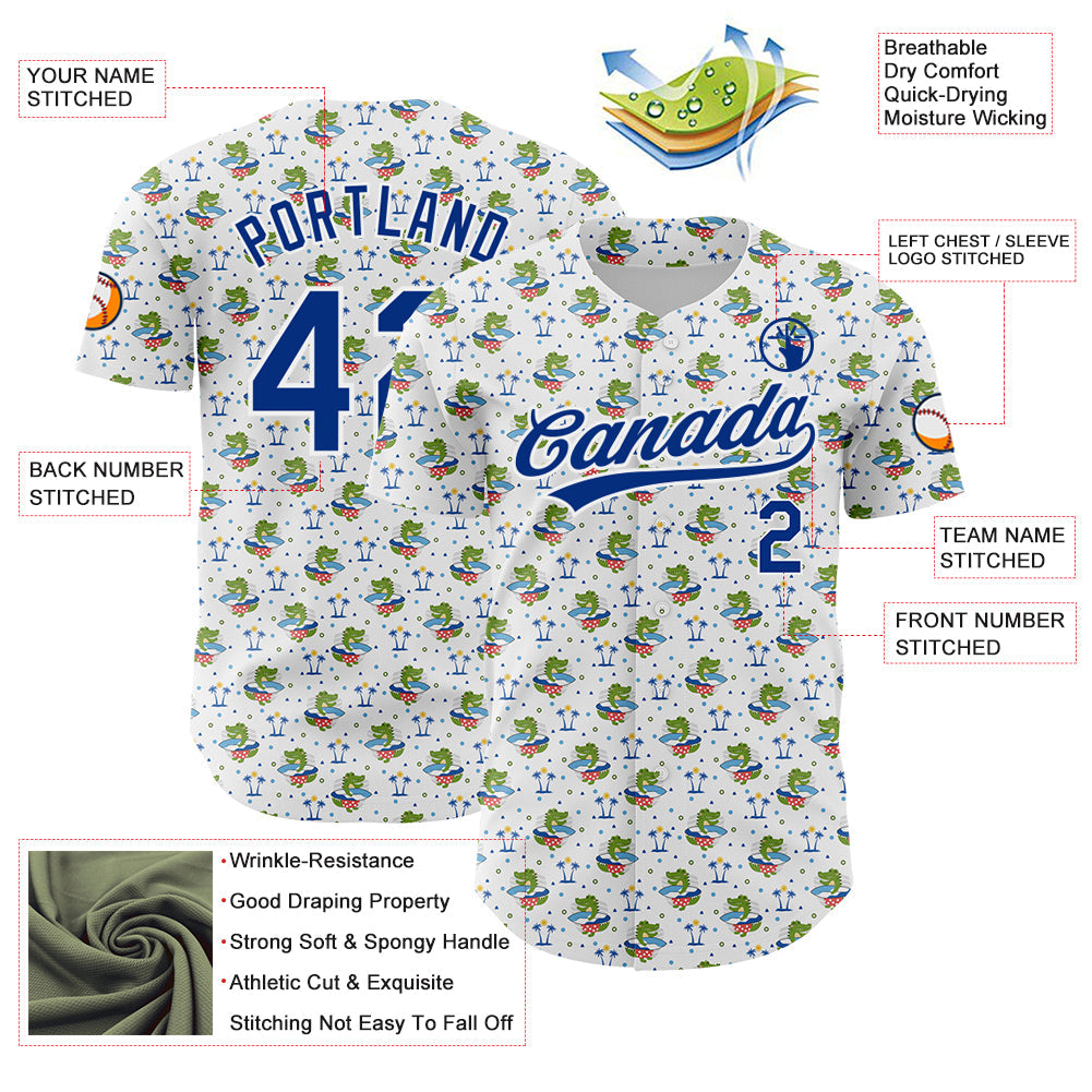 Custom White Royal 3D Pattern Design Animal Crocodile Surfing Authentic Baseball Jersey - Sky-Custom